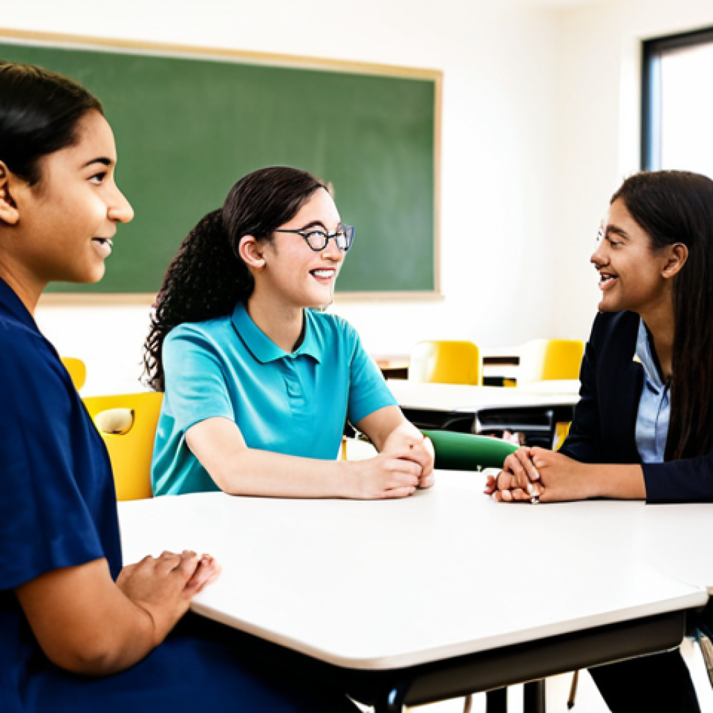 A diverse group of students, fully clothed in modest, appropriate attire, are engaged in collaborative learning within a bright, modern classroom. A kind, professional female teacher, also fully clothed in professional dress, is gently kneeling to be at eye level with one student, offering supportive guidance with a warm, empathetic expression. Other students are seen in the background, interacting positively in small groups. The atmosphere is welcoming and inclusive, filled with natural light, emphasizing individual attention and a safe, family-friendly learning environment, appropriate content, perfect anatomy, correct proportions, natural pose, well-formed hands, proper finger count, natural body proportions, professional photography, high quality, safe for work.