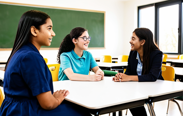 A diverse group of students, fully clothed in modest, appropriate attire, are engaged in collaborative learning within a bright, modern classroom. A kind, professional female teacher, also fully clothed in professional dress, is gently kneeling to be at eye level with one student, offering supportive guidance with a warm, empathetic expression. Other students are seen in the background, interacting positively in small groups. The atmosphere is welcoming and inclusive, filled with natural light, emphasizing individual attention and a safe, family-friendly learning environment, appropriate content, perfect anatomy, correct proportions, natural pose, well-formed hands, proper finger count, natural body proportions, professional photography, high quality, safe for work.