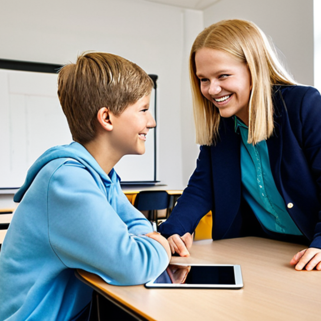 Mentorship and Career Planning**

A bright, modern classroom in a Swedish school. A friendly-looking "studie-och yrkesvägledare" (career counselor) sits at a table, smiling and engaged in conversation with a fully clothed, casually dressed high school student.  They are reviewing a digital handlingsplan (action plan) on a tablet.  Natural light fills the room. Safe for work. Appropriate content. Fully clothed. Professional, educational setting. Perfect anatomy, correct proportions, natural pose, well-formed hands, proper finger count, high resolution, family-friendly.

**
