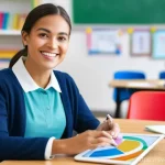 Home 20 교사 학습 분석 도구 활용법 - **Prompt:** "A compassionate female teacher, aged 30s-40s, with a warm smile, sitting at a clean, mo...