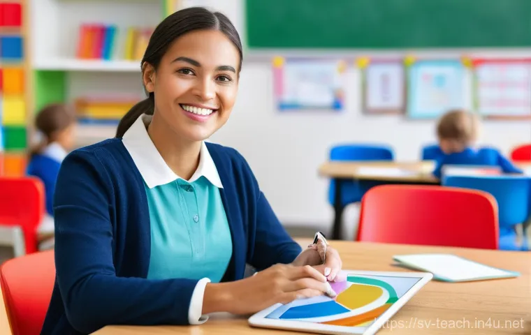 교사 학습 분석 도구 활용법 - **Prompt:** "A compassionate female teacher, aged 30s-40s, with a warm smile, sitting at a clean, mo...