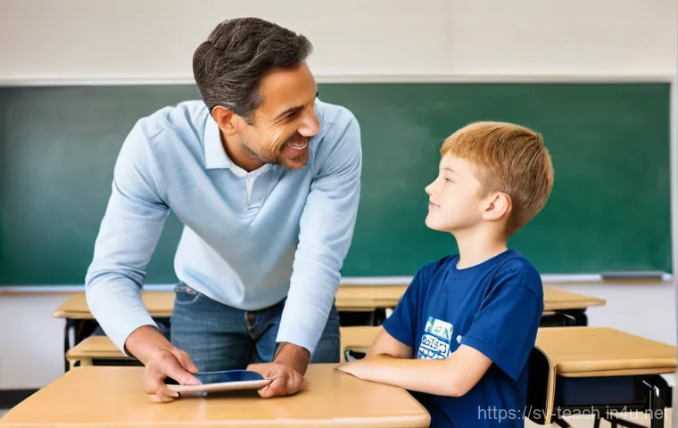 교사 학습 분석 도구 활용법 - **Prompt:** "A compassionate female teacher, aged 30s-40s, with a warm smile, sitting at a clean, mo...