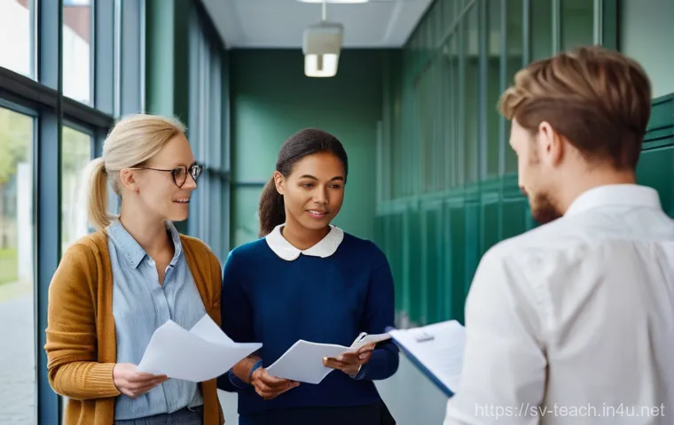 교사 근로 계약서 검토법 - **Prompt:** A diverse group of professional teachers, men and women of various ages, standing in a b...