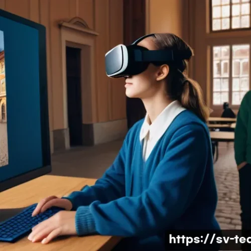 Home 29 교사 역사 수업 사례 - A group of high school students, fully clothed in modern, modest casual wear, are immersed in a virt...