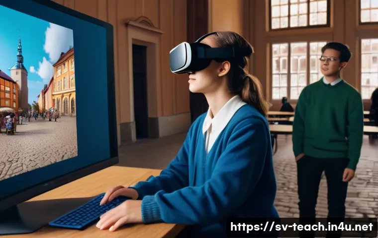 교사 역사 수업 사례 - A group of high school students, fully clothed in modern, modest casual wear, are immersed in a virt...