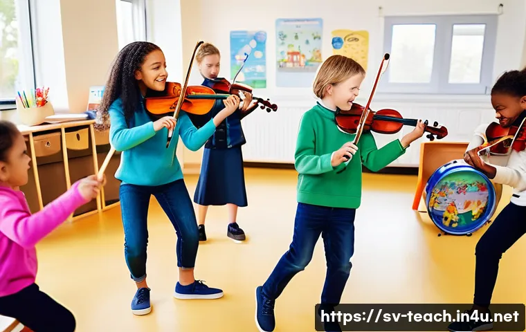 교사 음악 수업 준비 방법 - A diverse group of Swedish school children in a bright, modern classroom engaged in a collaborative ...