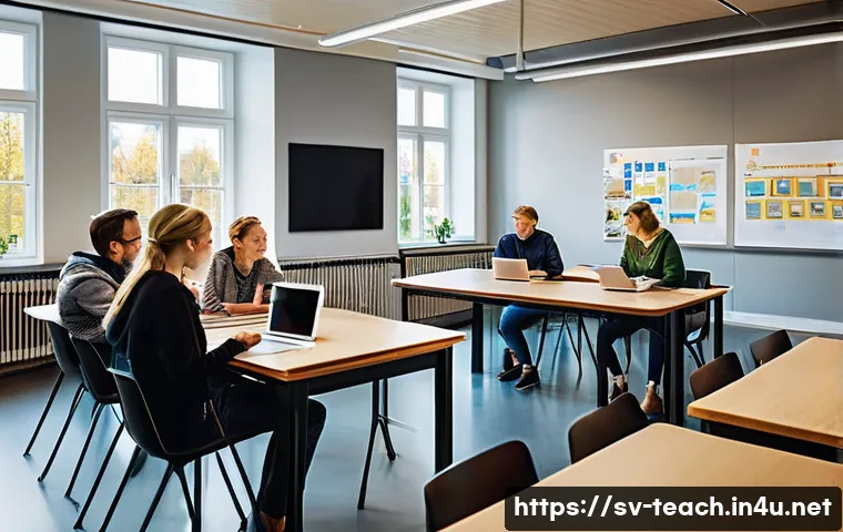 교사 자기계발 아이디어 - A cozy classroom setting in a modern Swedish school where a diverse group of teachers are gathered i...