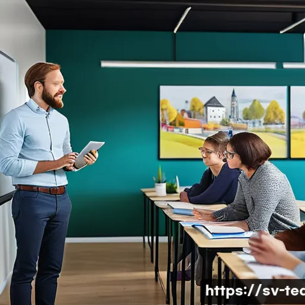 교사 평생교육 활용 방법 - A modern classroom scene in a Swedish school with a diverse group of adult teachers participating in...