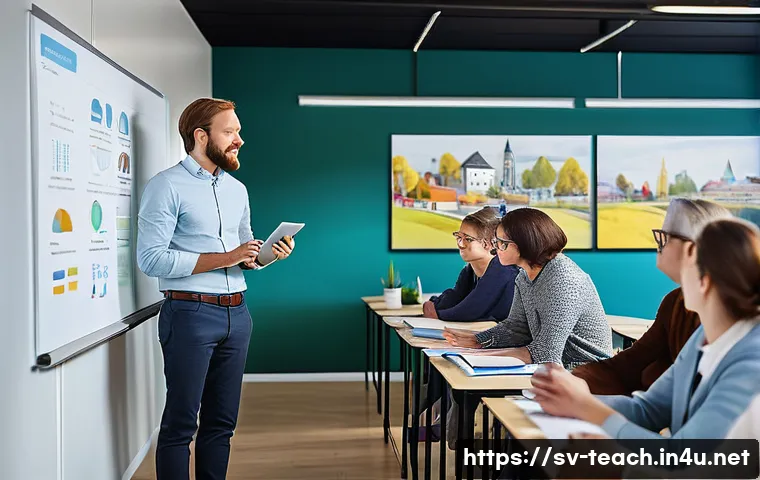 교사 평생교육 활용 방법 - A modern classroom scene in a Swedish school with a diverse group of adult teachers participating in...