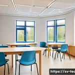 Home 21 교사 학부모 상담 전략 - A bright, modern classroom meeting room designed for parent-teacher conversations in Sweden, featuri...