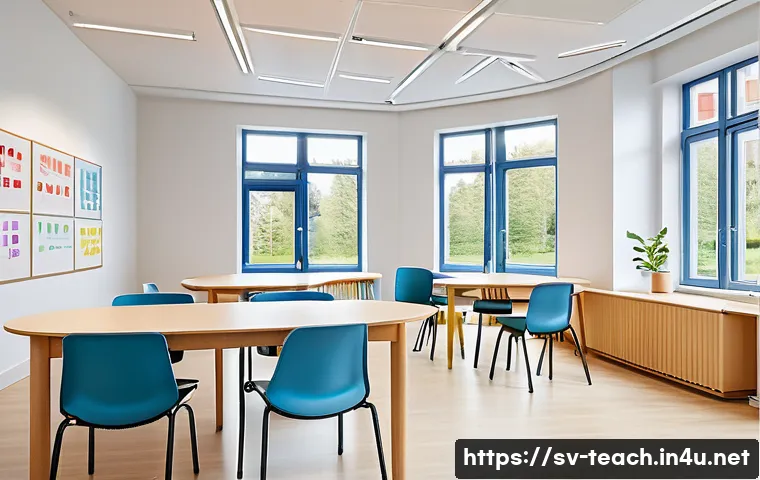 교사 학부모 상담 전략 - A bright, modern classroom meeting room designed for parent-teacher conversations in Sweden, featuri...