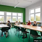 Home 20 교사 조직 내 갈등 해결 사례 - A modern Swedish school staff meeting room, featuring diverse teachers and school counselors sitting...