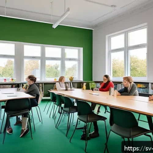 Home 32 교사 조직 내 갈등 해결 사례 - A modern Swedish school staff meeting room, featuring diverse teachers and school counselors sitting...