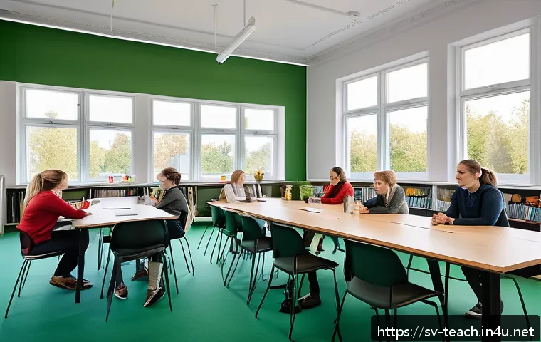 교사 조직 내 갈등 해결 사례 - A modern Swedish school staff meeting room, featuring diverse teachers and school counselors sitting...