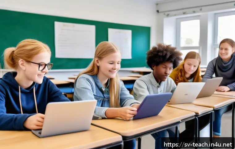 교사 교육목표 설정 사례 - A bright, modern Swedish classroom scene showing a diverse group of students aged around 15 engaged ...