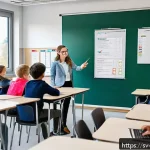 Home 18 교사 교수법 연구 사례 - A modern Swedish classroom scene showing diverse students actively engaged using digital tools like ...