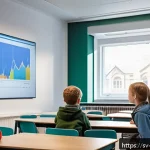 Home 23 교사 데이터 기반 교육 설계 - A modern Swedish classroom scene showing a diverse group of school-aged children wearing casual clot...
