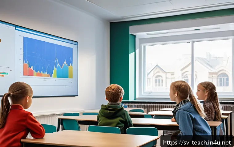 교사 데이터 기반 교육 설계 - A modern Swedish classroom scene showing a diverse group of school-aged children wearing casual clot...