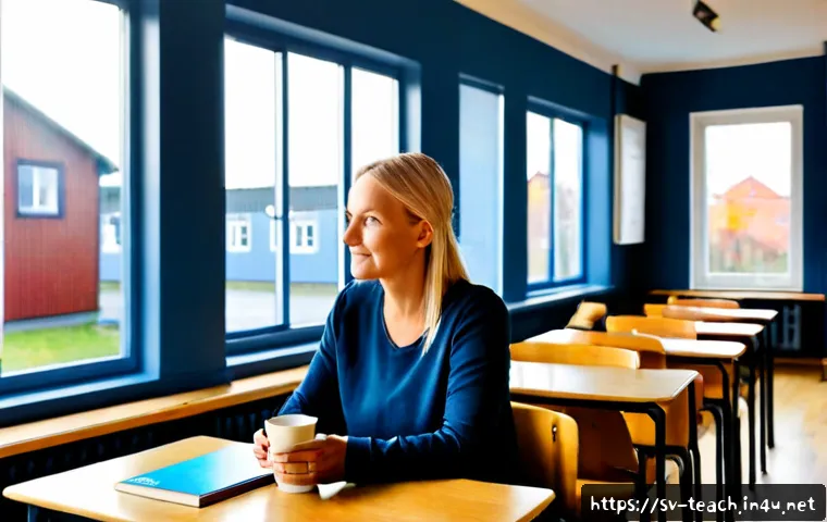 Home 13 교사 교직생활 극복 사례 - Photorealistic Swedish primary school teacher in a bright Scandinavian classroom, calmly organizing ...