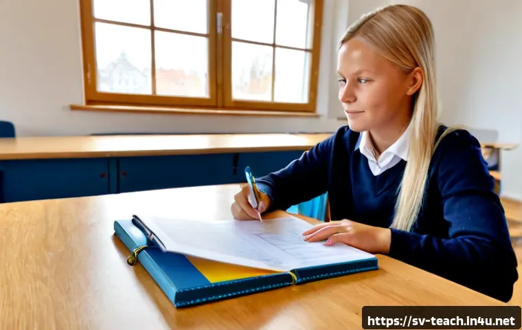 교사 교육 과정 평가법 - Photorealistic Swedish primary school teacher reviewing student learning portfolios at a light oak t...